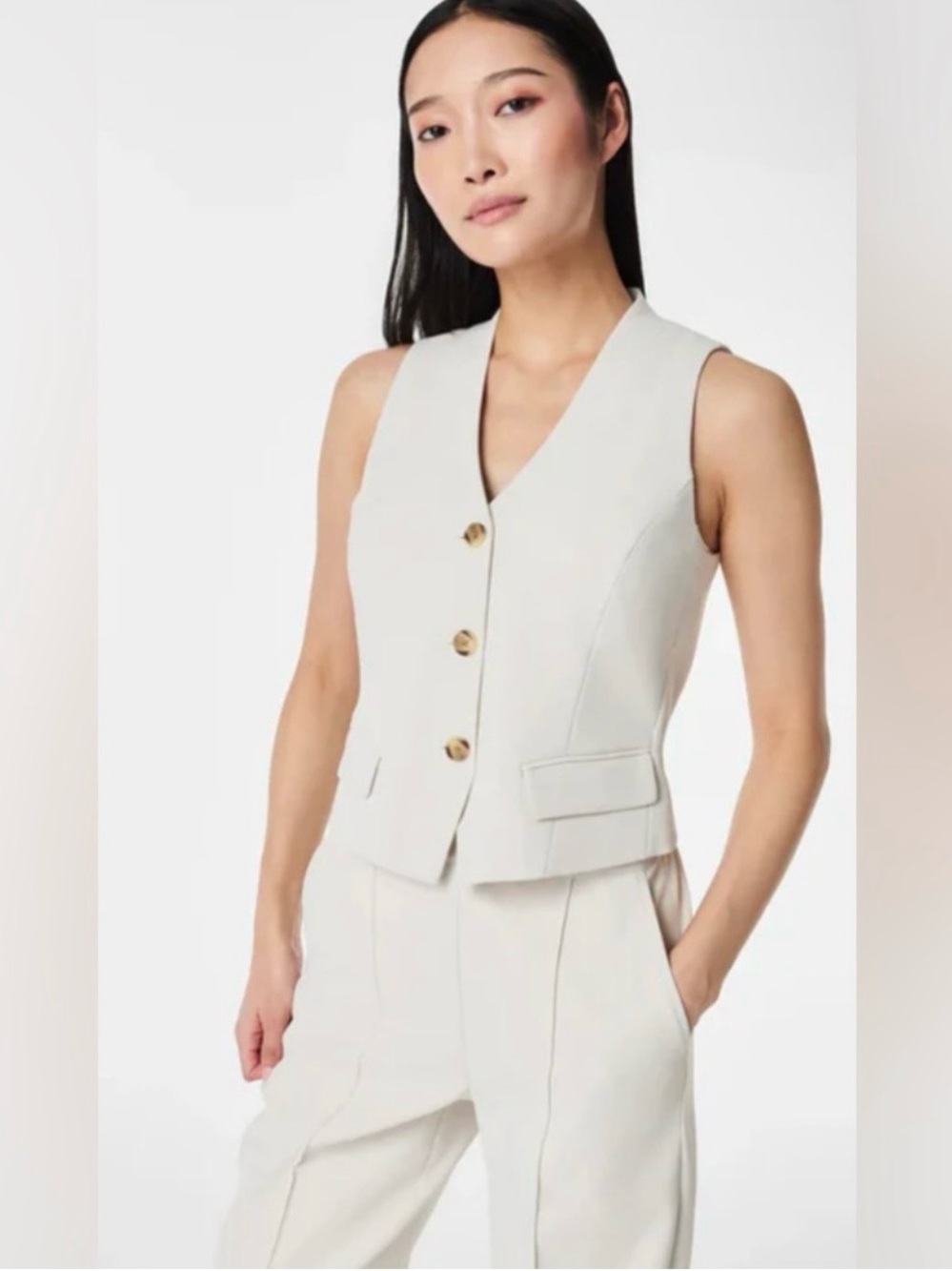 Spanx Carefree Crepe Tailored Vest Parchment Wash Cream Button Chic Fancy Work M
